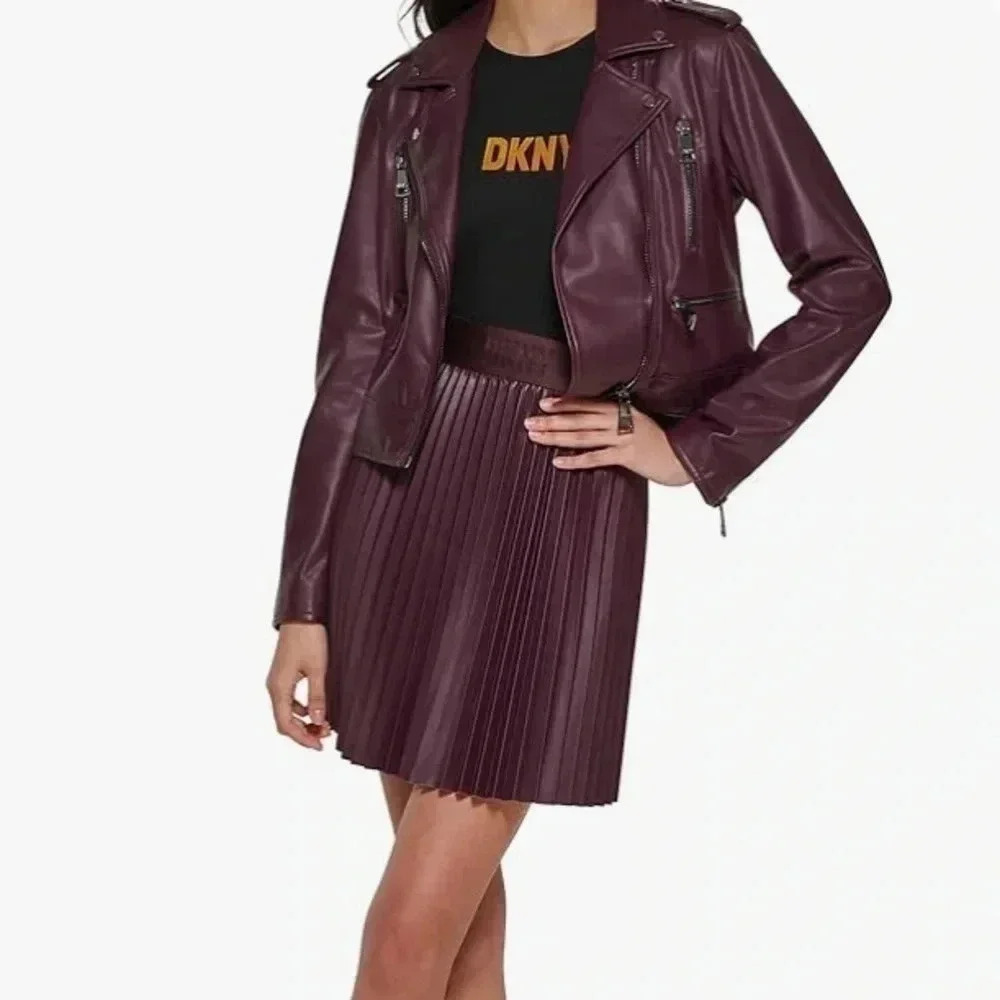 DKNY faux leather purple eggplant biker jacket